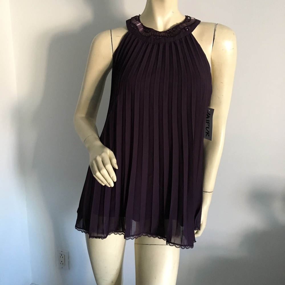 New Jaipur Sleeveless pleated top w/beaded neck